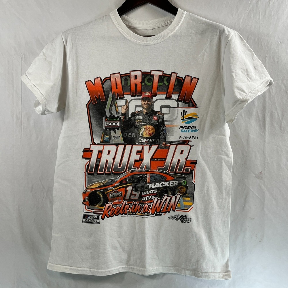 Joe Gibbs Racing Mens T-Shirt Martin Truex Jr Reels In A Win 2021 M White Orange